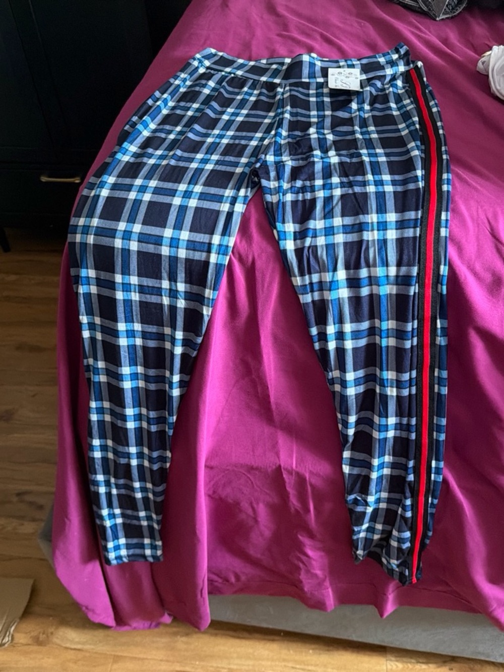 Blue Plaid Men's Jogger Pants with Red Side Stripe